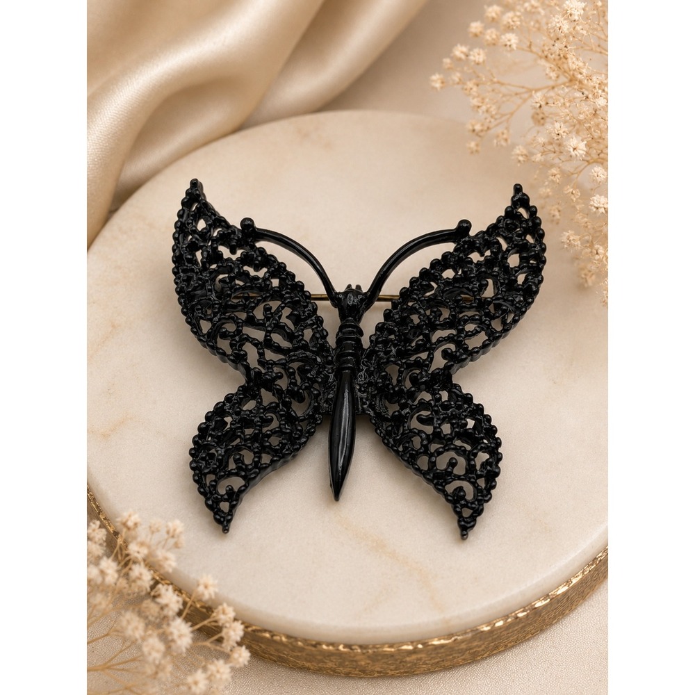 VTG‎ Black Filigree Butterfly Brooch Pin Open Lacework Wings 2 Inch Goth Retro